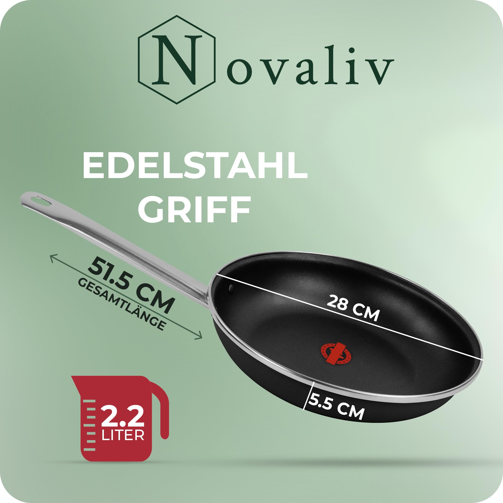 Novaliv Patelnia energooszczędna 28 cm, oszczędność do 40% – stal emaliowana, powłoka nieprzywierająca, bardzo łatwa do czyszczenia, czarna patelnia do wszystkich rodzajów kuchenek, nadaje się do
