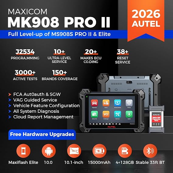 Autel Scanner MaxiCOM MK908 Pro MS908S PRO II: 2026 J2534 Reprogramming Tool as MaxiSYS MS909 MS919 Elite II PRO Ultra Lite S2, OE Coding, 38+ Resets, All System Scan, 3K+ Active Tests, CANFD & DoIP