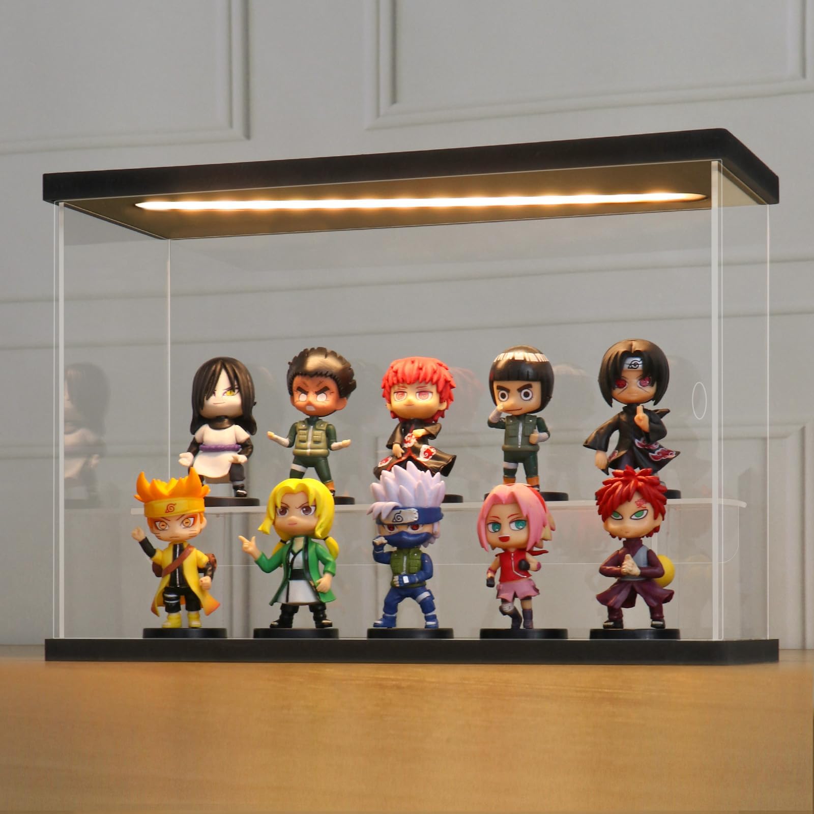 LANSCOERY Clear Acrylic Display Case with Light, Assemble 2 Tier Display Box Stand with Black Base, Dustproof Protection Showcase for Collectibles Memorabilia Figurines (11.8x4.3x7.9inch; 30x11x20cm)