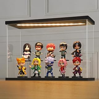 LANSCOERY LED Lighted Acrylic Display Case, 2 Tier Display Box for Collectibles and Action Figures, Clear Dustproof Organizer with Black Base – 11.8x4.3x7.9inch