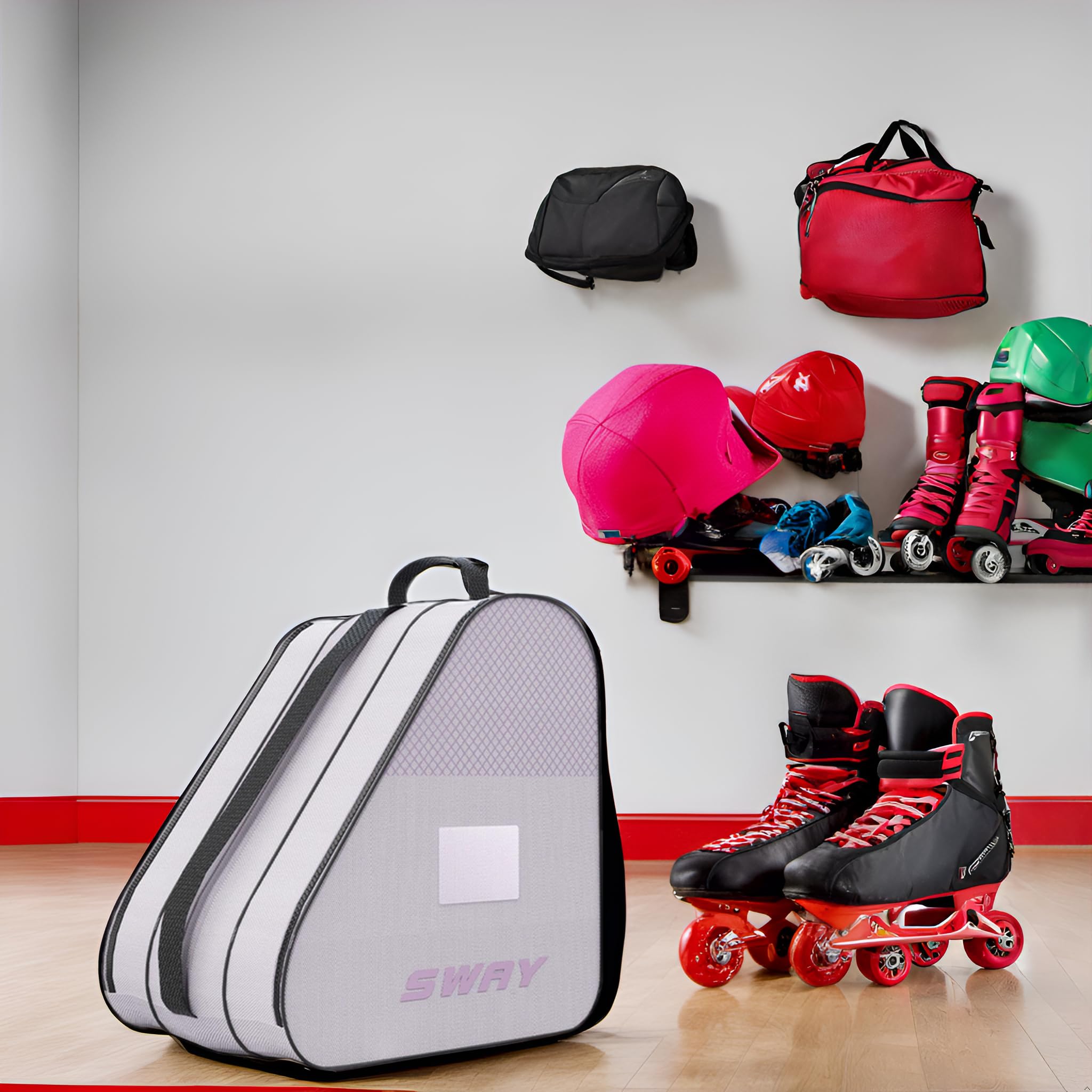 Sac à Patins à Roulette, Sac Patin a Glace en Nylon, Sac de Rangement pour Patins à Glace Sac pour Patins à Roues Alignées Trois Poches avec Bandoulière Réglable, pour Enfants et Adultes