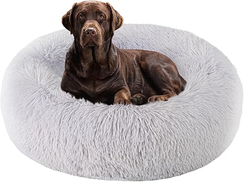 SPUNKYJUNKY Cama para perros de felpa calmante redonda en forma de dona, lavable y mullida, cómoda, antiansiedad, para gatos, perros pequeños,
