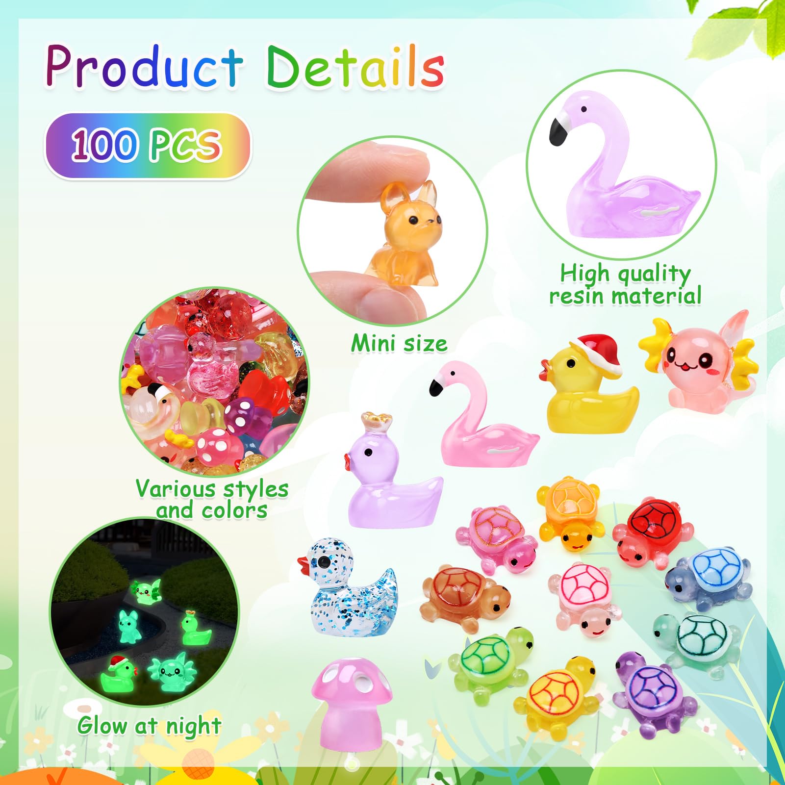 JoyPlus 100Pcs Mini Resin Animals Luminous,Mini Ducks,Tiny Mixed Luminous Resin Animals,Small Plastic Animal Figures Glow in the Dark for Potted Micro Landscape Fairy Garden Aquarium Dollhouse Decor - Image 2