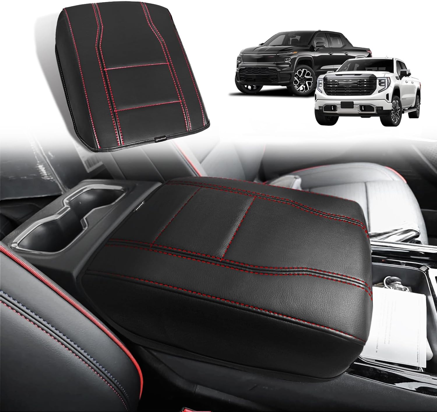 BestEvMod Center Console Armrest Pad Cover Compatible with Chevrolet Silverado EV RST WT LT/GMC Sierra EV 2026 2025 2024 Extra Soft Microfiber Leather Protector Seat Armrest Cover (Black/Red Stiching)