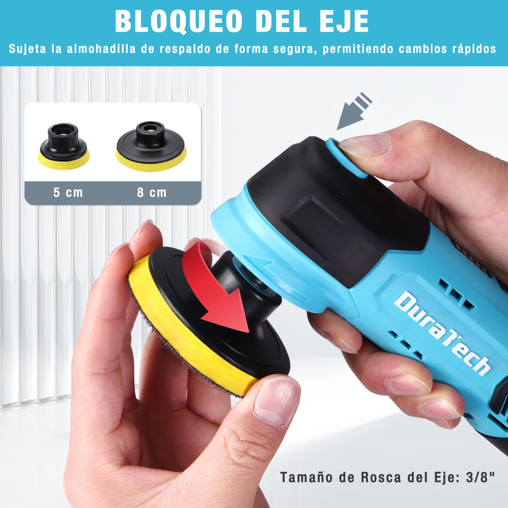 DURATECH Pulidora Inalámbrica 12 V, Pulidora a Batería, Mini Pulidora 3000 RPM, Pulidora Orbital con Platos de 50 mm y 80 mm, Accesorios y Bolsa de Almacenamiento para Coche, Muebles y Metal