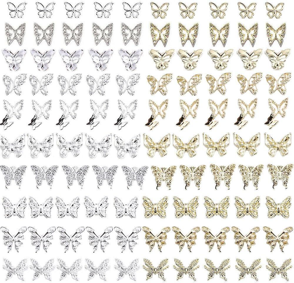 Butterfly Nail Charms, 100 PCS 3D Nail Butterfly Charms for Women Nail Art Design in Silver & Gold
