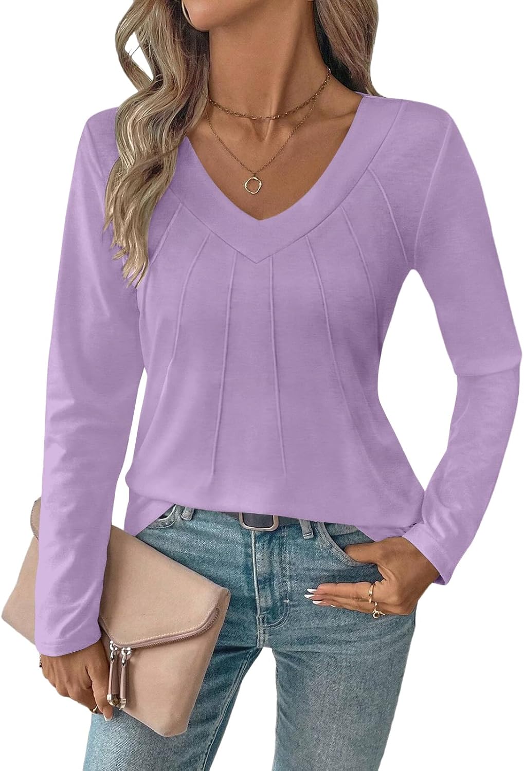 TICTICMIMI Women’s V Neck Long Sleeve Henley Shirts Casual Pleated Tunic Tops