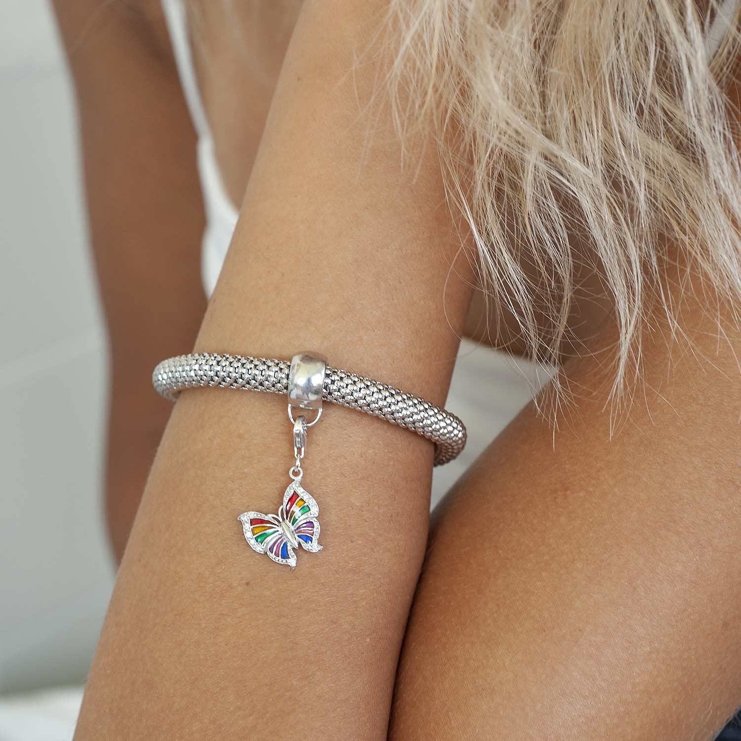 MATERIA Charms Anhänger Schmetterling 925 Silber Zirkonia mit Emaille bunt für Bettelarmband/Kette #C26