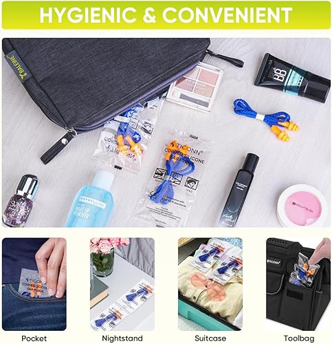 Miniatura 5 de TICONN 48 pares de tapones de silicona reutilizables para los oídos para dormir con cancelación de ruido, tapones para los oídos con cable NRR de 25