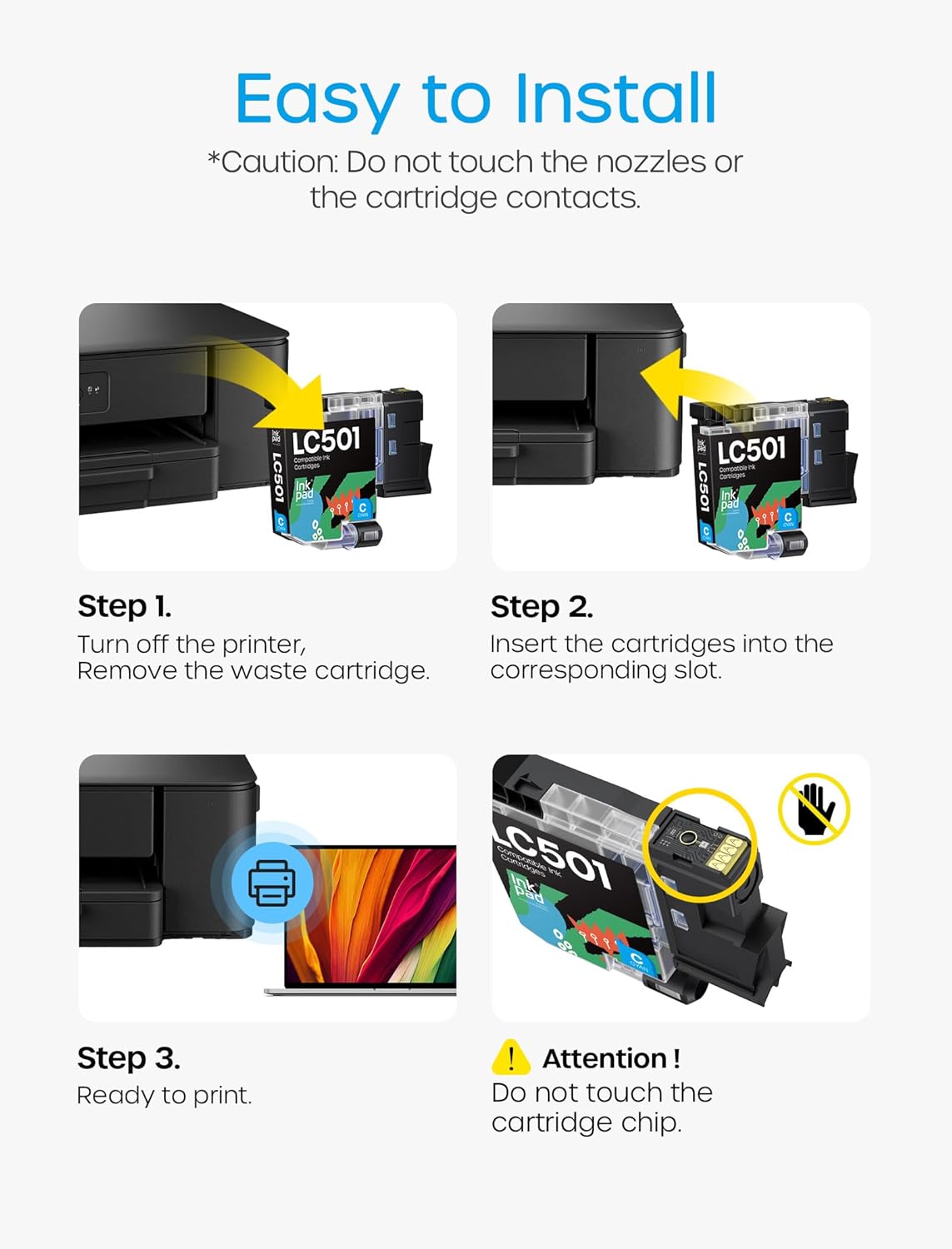 Compatible with LC501 Ink Cartridges for Brother Printer LC 501 Ink Cartridges Replacement for MFC-J1360DW, MFC-J1410DW, MFC-J1260DW Series Printer 4-Pack Black,Cyan,Magenta,and Yellow