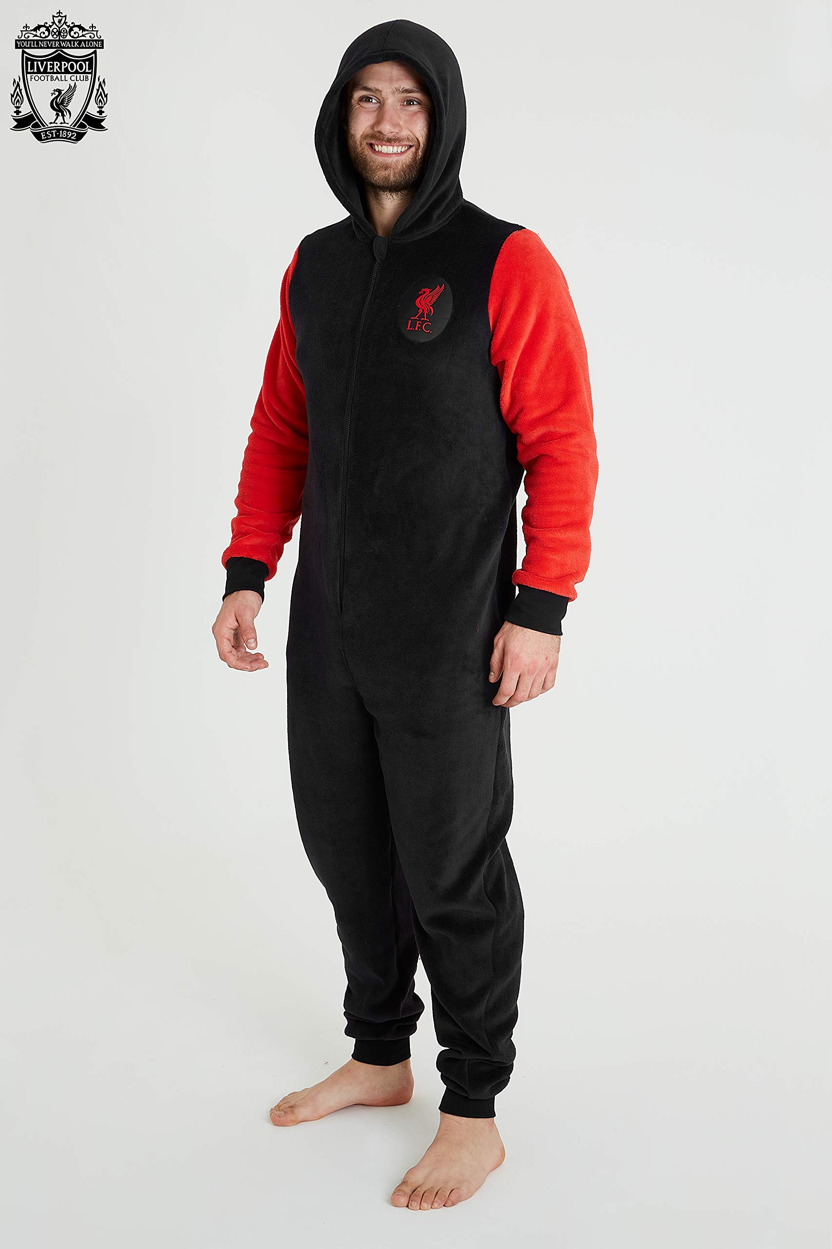Liverpool F.C. Combinaison Pyjama Homme - Grenouillère Adulte en Polaire Douce avec Capuche Taille S, M, L, XL, 2XL et 3XL - Liverpool Football Club Officiel