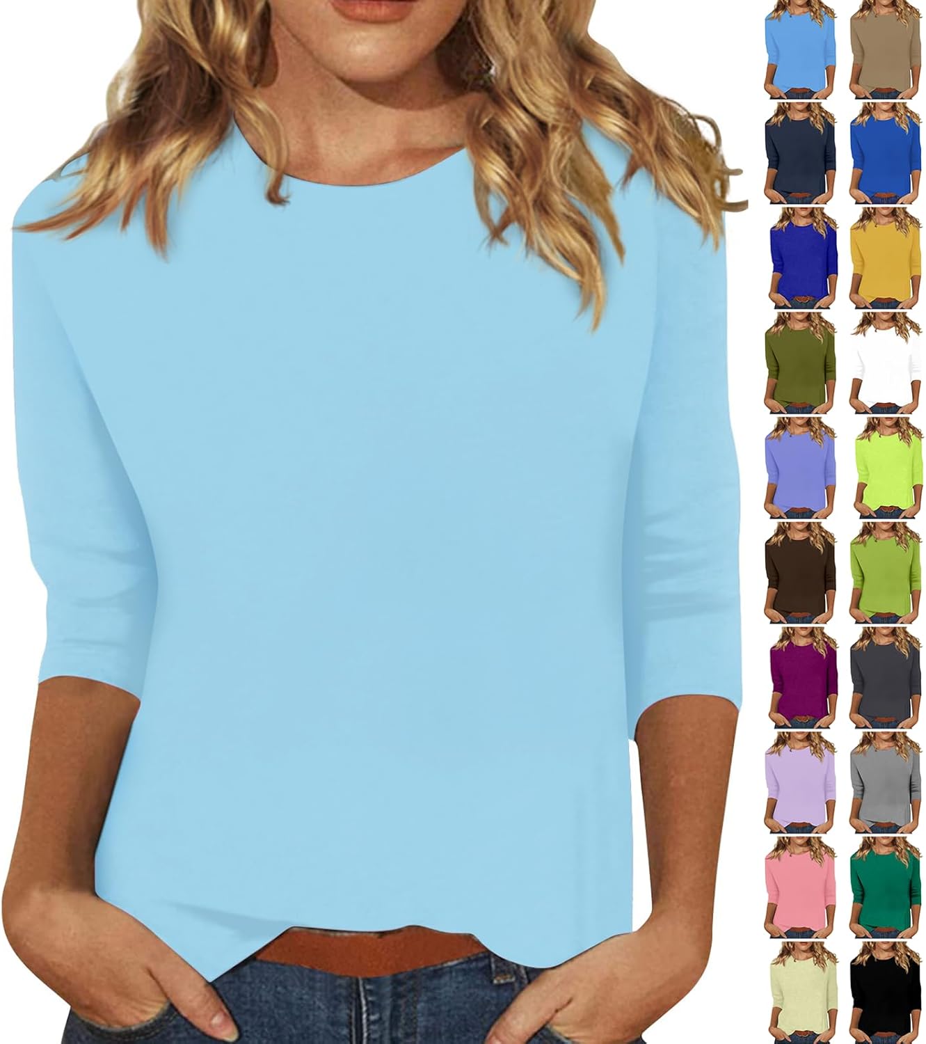 3/4 Length Sleeve Womens Tops Casual Loose Fit Crewneck T Shirts Cute Solid Three Quarter Length Tunic Tops