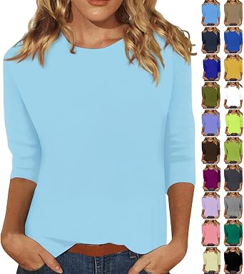 3/4 Length Sleeve Womens Tops Casual Loose Fit Crewneck T Shirts Cute Solid Three Quarter Length Tunic Tops
