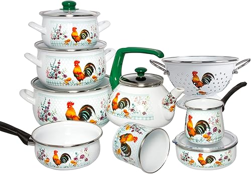 Miniatura 9 de Escurridor de malla fina de aluminio esmaltado para alimentos, colador de esmalte de gallo dorado  colador de 2.6 cuartos de galón (2.5 L)