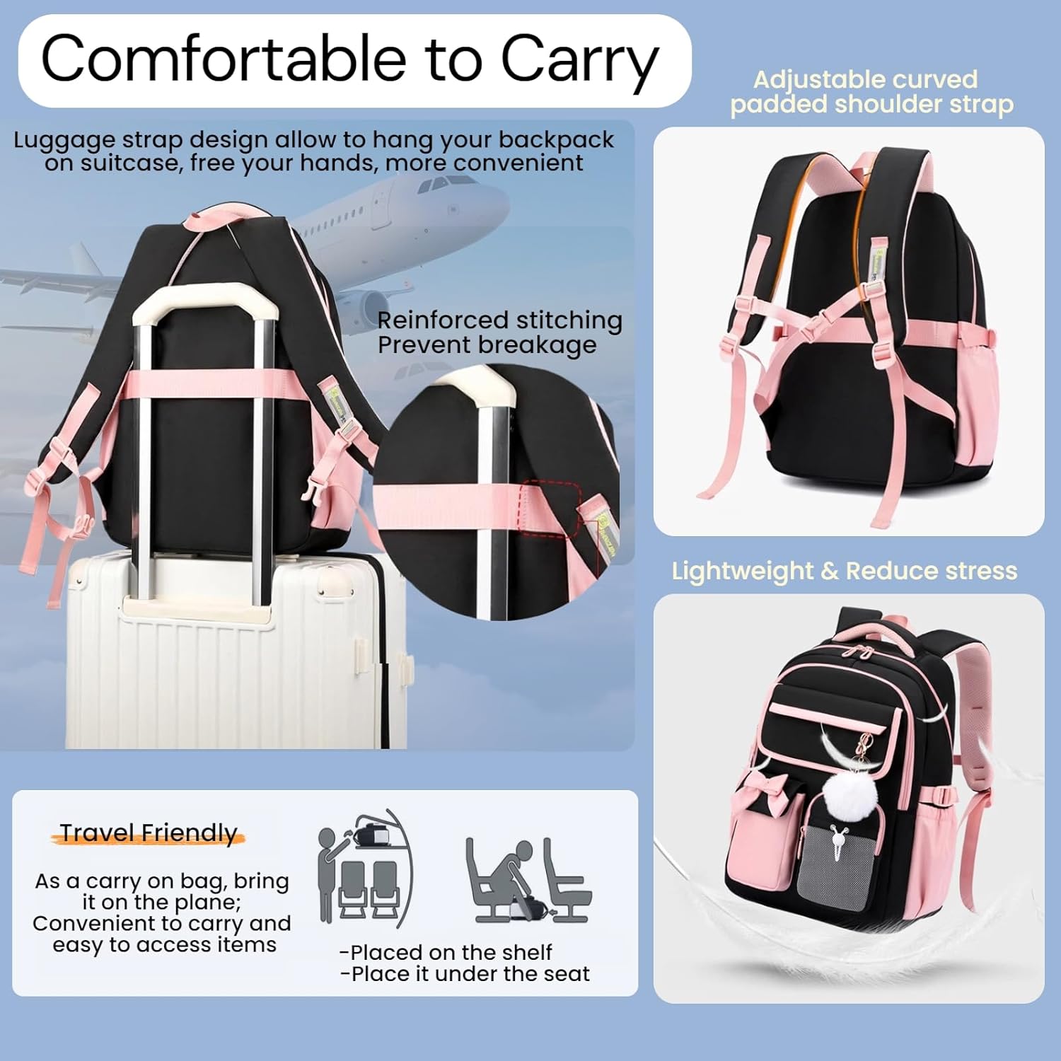 Girls Backpack School Bags Kids Elementary School Backpack for Girls Teens Cute Childrens Bookbags Casual Back Packs, Black Pink