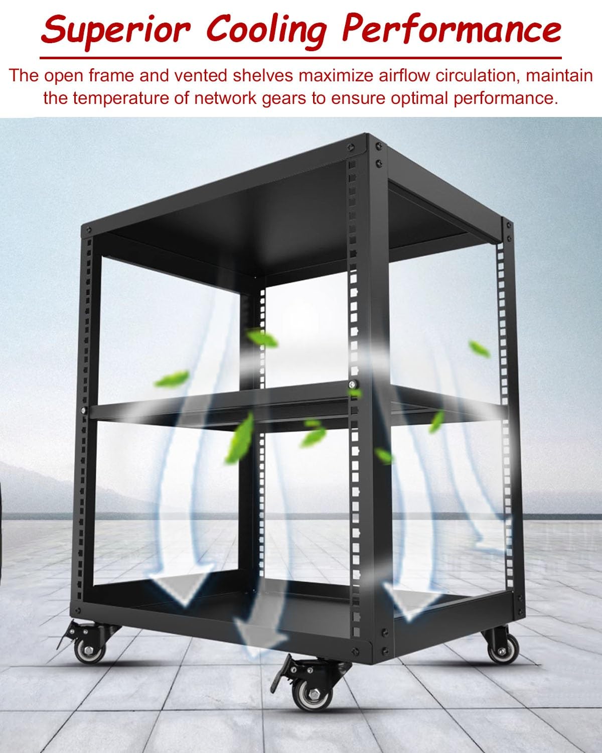 Vibeo Rack di Rete a Telaio Aperto Rack per Server Ventilato con Ripiani e 4 Ruote, Rack di Rete a Telaio Aperto 12U 16U 20U, Sistema Rack Audio per Apparecchiature di Rete da 48 cm(12U,2 Tier)