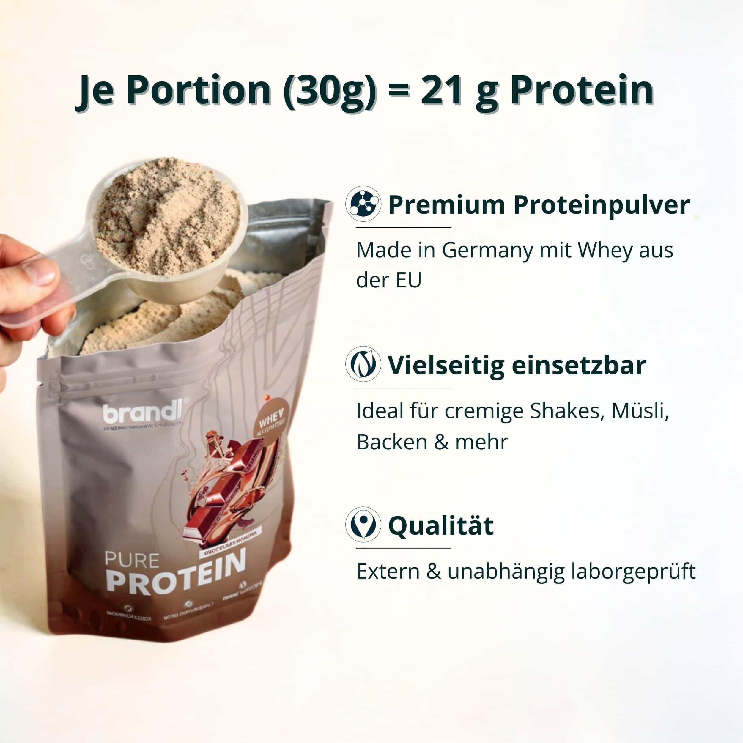 Pure Protein Whey in Pulver - 80% Eiweißpulver aus der EU - gut löslich für deinen Shake, Haferflocken oder Smoothie - Premium-Qualität ohne Sucralose, Acesulfam K & Aspartam - 1 kg Schoko mit Whey