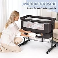 Vista 5 de Moisés para bebé, 3 en 1, para poner al lado de la cama, con ruedas, altura ajustable con modo de balanceo, malla transpirable, cesta de Gris-oscuro