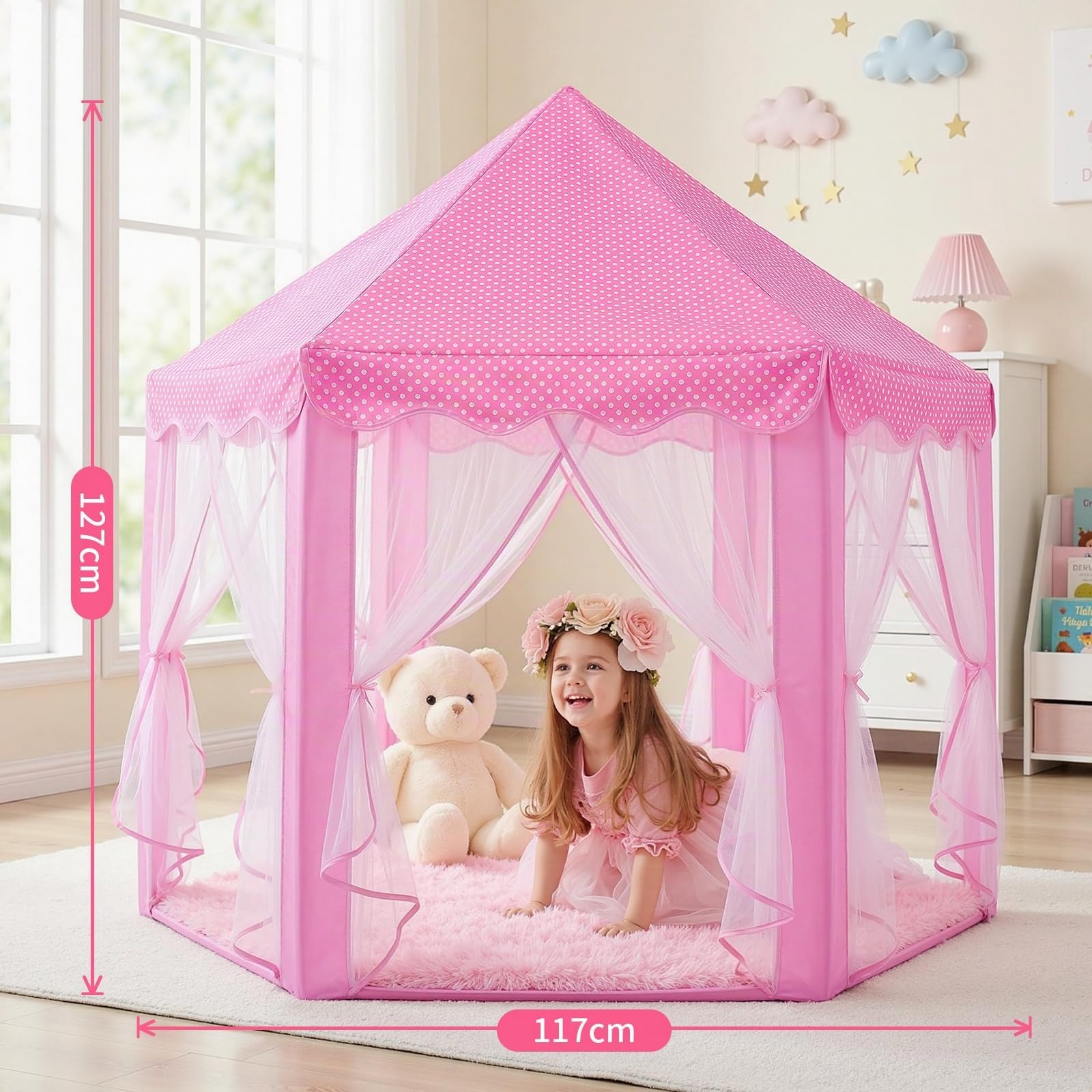 Sumbababy Tentes de Jeu pour Enfants - Tente de Princesse château avec Tapis - Fée hexagonale - Jouet pour Enfants ou Jeunes Enfants - Jeux d'intérieur - Rose