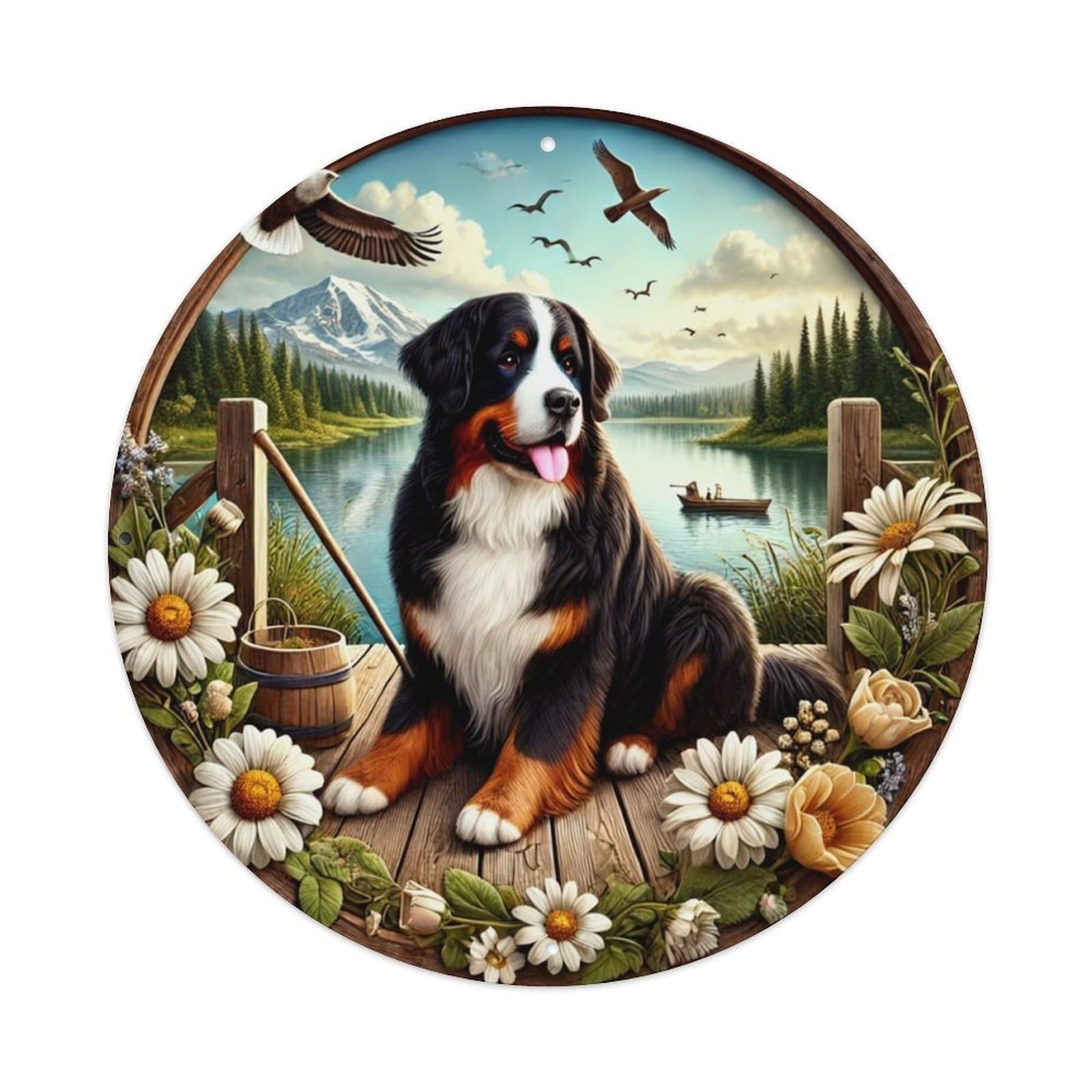 Bernese Mountain Dog Lake Scene Tin Sign Metal Poster Vintage Metal Signs for Home Man Cave Bar Cafe Kitchen laundry room Wall Decorations 8x8 inches