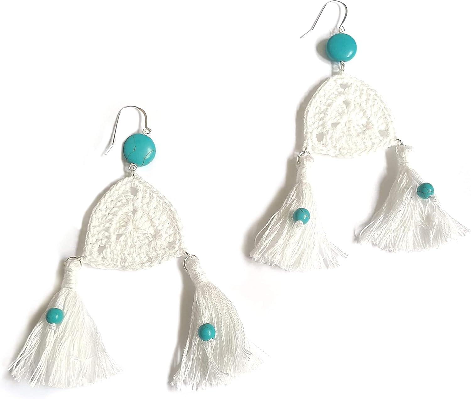 White Statement Dangle Tassel Earrings with Turquoise Beads for women Western jewelry large long