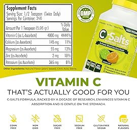 C-Salts Vitamin C Powder Supplement - 100% Pure High Dose Buffered Vitamin C Powder for Immune Support - Organic, Sugar-Free, Vegan, Non-GMO, Stomach-Friendly, Lemon Lime 26oz