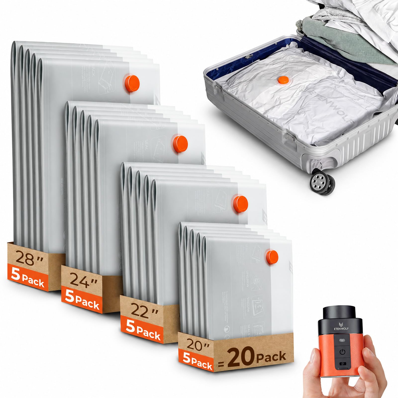 ETENWOLF Paquete de 20 bolsas de sellado al vacío para ropa de viaje con batería inalámbrica, bolsas de almacenamiento al vacío reutilizables para equipaje y maleta, múltiples tamaños de equipaje de