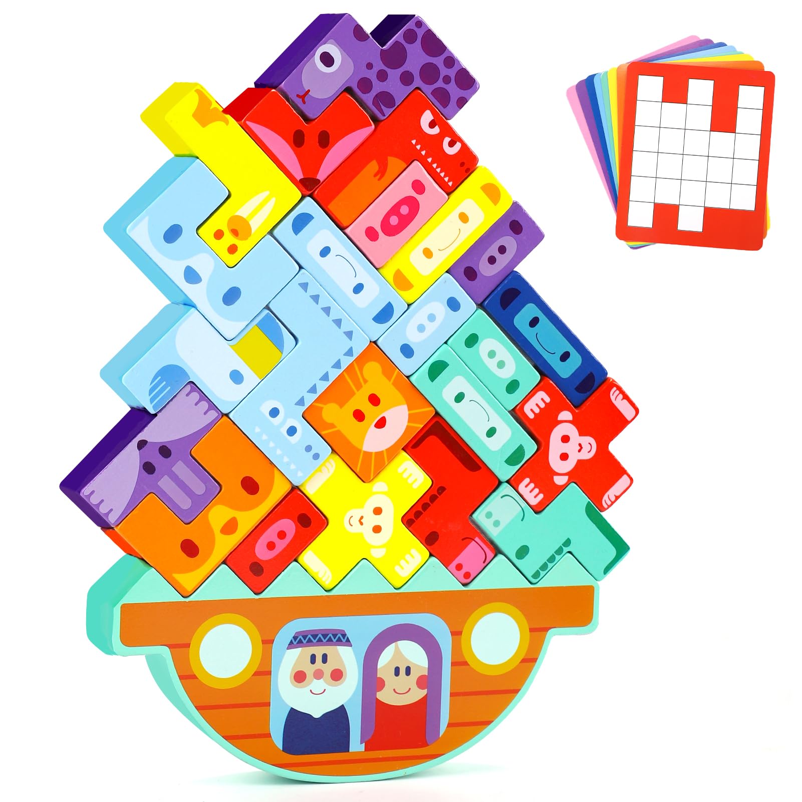 XIAPIA Juguetes Montessori Tetra Tower, Juguetes Madera de Equilibrio Arca de Noé, 58 pcs Stack Attack, Juegos Educativos de Bloques de Construcción, Regalos Niños Niñas 1 2 3 Años Cumpleaños Navidad