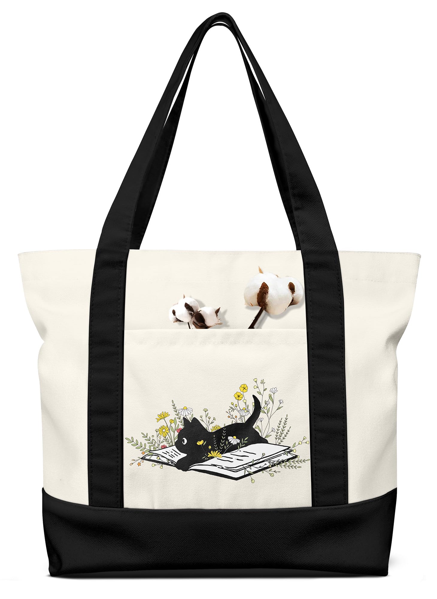 Miss Adola Aesthetic Canvas Tote Bag - Pouch Bag for Women Girls Cotton Cloth Tote Bag with External & Inner Pocket for Shopping, Gym, Work, Travel, Vacation, BlackCat