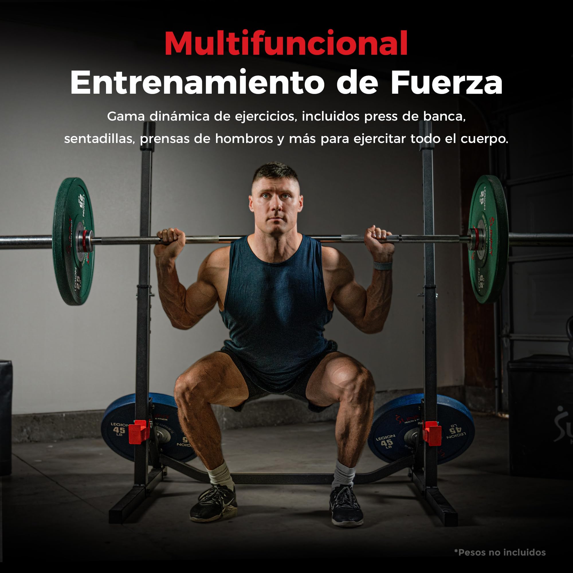 Sunny Health & Fitness Ajustable Squat Rack para Casa Entrenamiento | Versatile & Space-Saving Rack, Almacenamiento de Discos, Ajustable Height, Brazos de Seguridad
