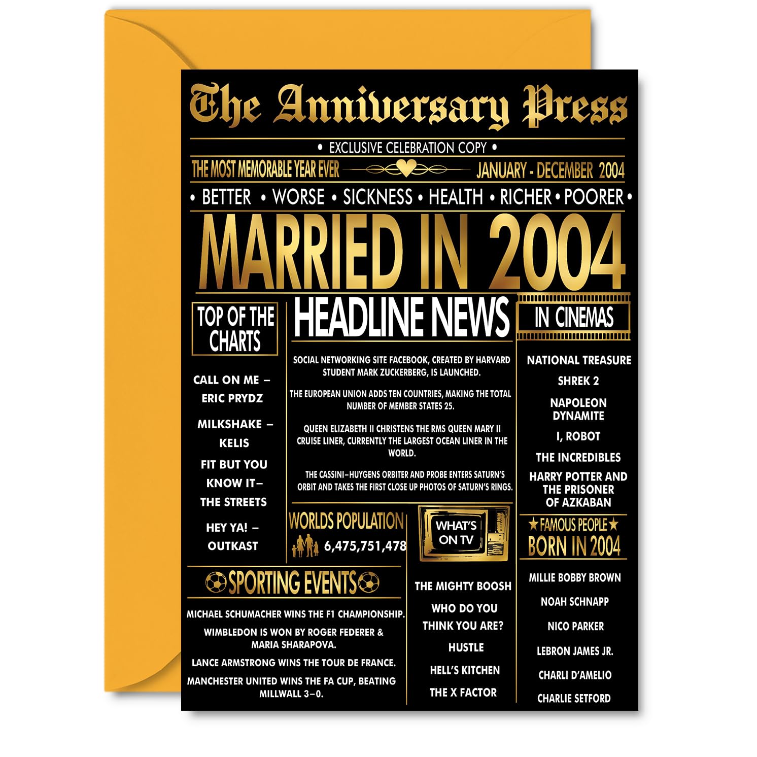Gold 22nd Anniversary Card for Men Women - Golden Newspaper Married in 2004-22 Year Wedding Anniversary Card for Companion Husband Partner Wife, A5 Anniversaries Greeting Cards