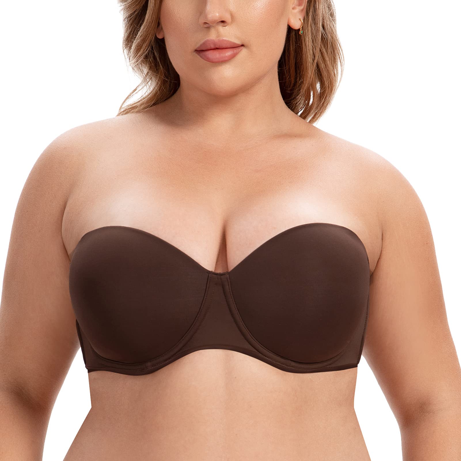 CASOLACE Women's Back Smoothing Plus Size Underwire Bandeau Strapless Bra Espresso 40DD