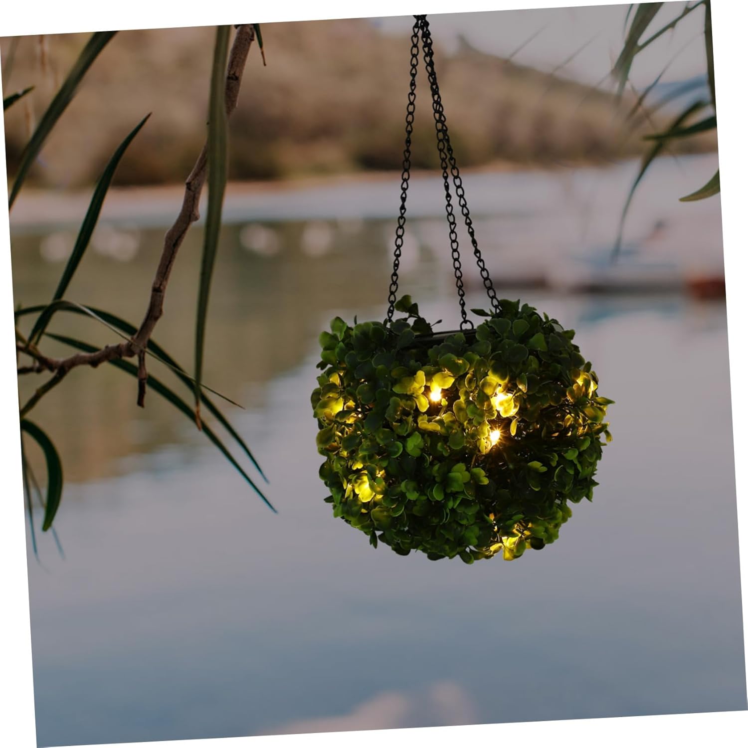 OSALADI Flower Grass Ball Chandelier Solar Lighted Plant Topiary Ball Topiary with Lights Faux Lamps Green Faux Chandelier Plant Light Iron Outdoor Sculpture