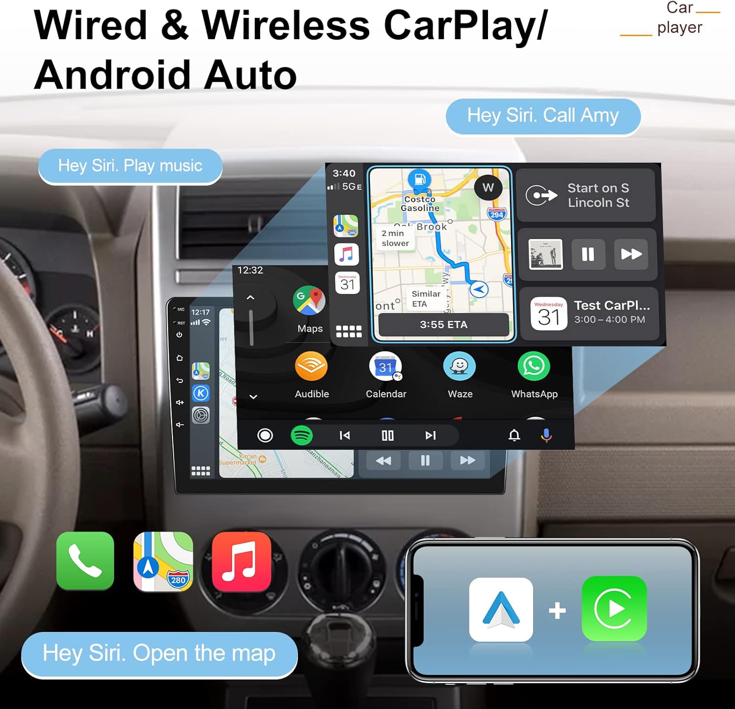 [2G+32G] Car Radio for Jeep Compass Patriot 2007 2008 2009, 10.1 inch Android Touch Screen Stereo, Carplay/Android Auto/Mirror Link/1080P/SWC/Bluetooth/WiFi + AHD Backup Camera+MIC