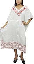 Womens Kaftan Maxi Dress RED Cotton Voile Embroidered Boho Caftan L
