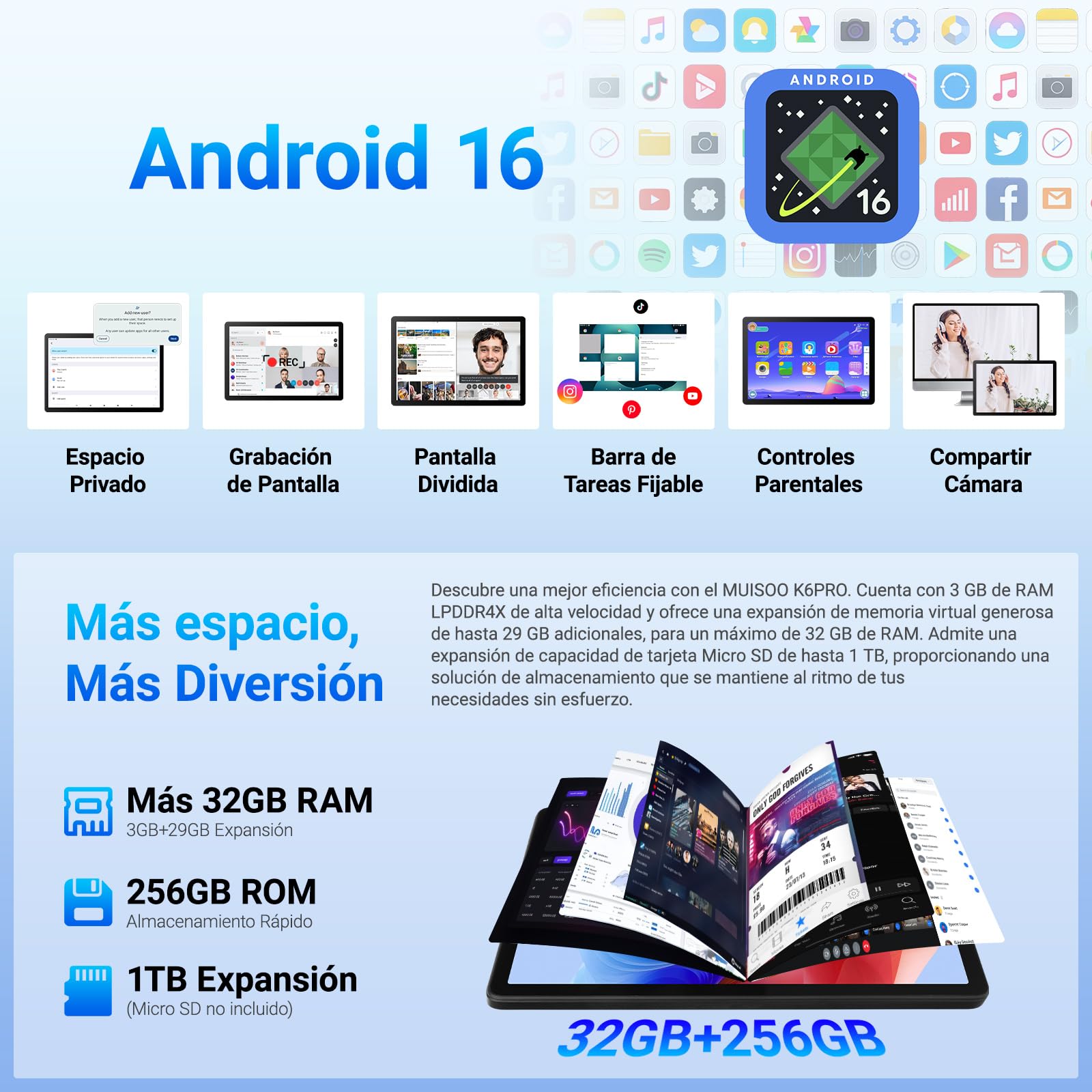 Tablet Android 16, Tableta de 11 Pulgadas, 32GB RAM+256GB ROM (TF 1TB), 7800mAh, 5 Núcleos, 1280 * 800 Pantalla HD, WiFi 6, Widevine L1, Bluetooth 5.4, 5MP+8MP, Face ID, GPS Tableta Pad
