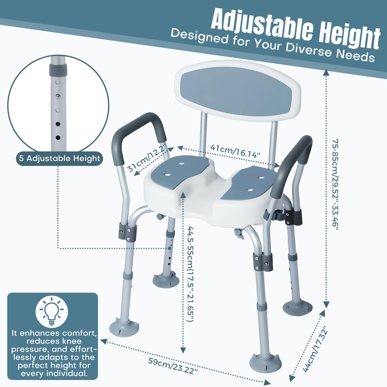 Taburete de Ducha para Personas Mayores, Silla para Ducha Antideslizante Silla de Baño Aluminio Altura Ajustable con Brazo Extraíble, hasta 136 kg