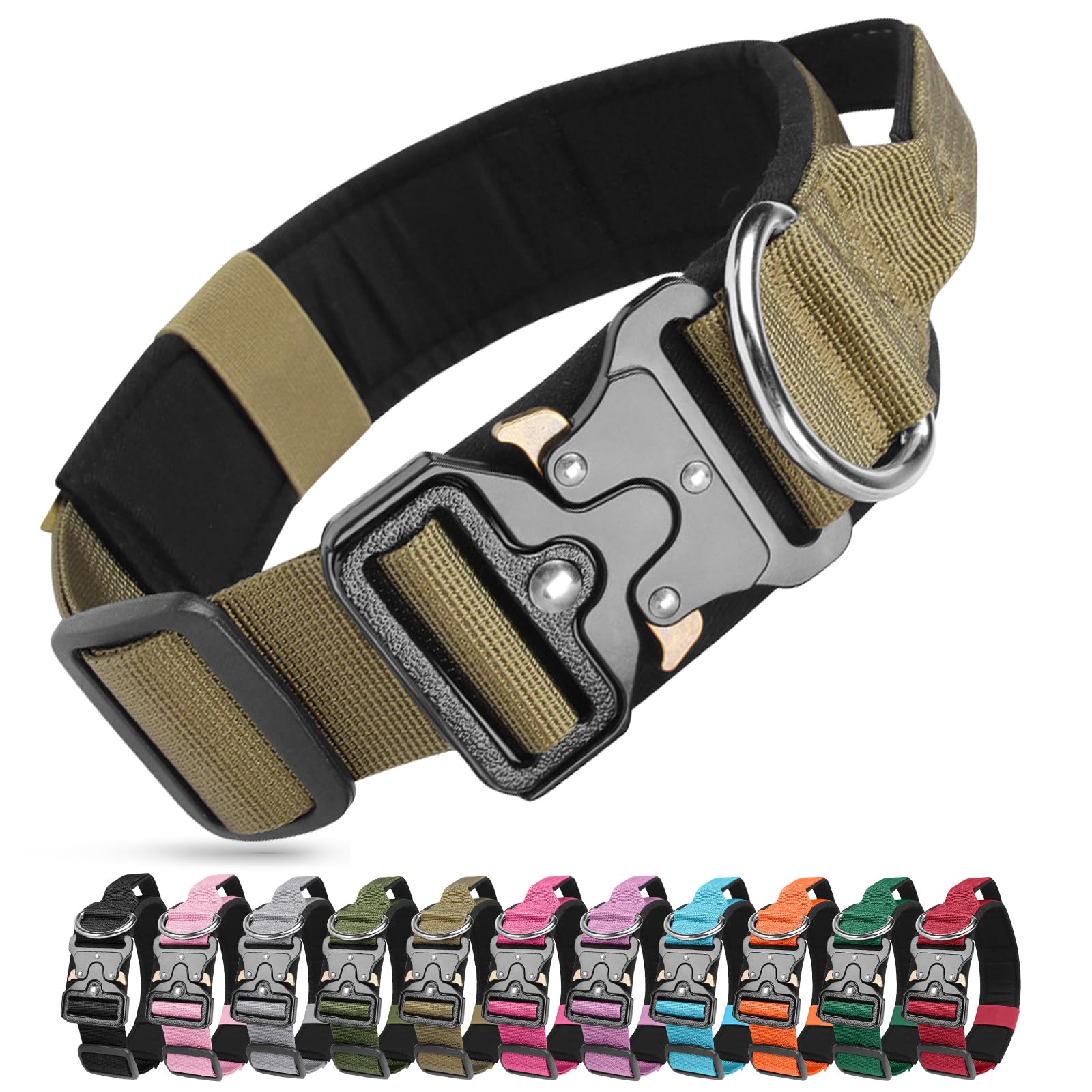 Ledeak Tactical Dog Collar, Military Nylon Adjustable Training Dog Collar with Heavy Duty Metal Buckle, Comfortable Pet Collars with Handle and Soft Padded for Medium Large Dogs (Khaki, M)