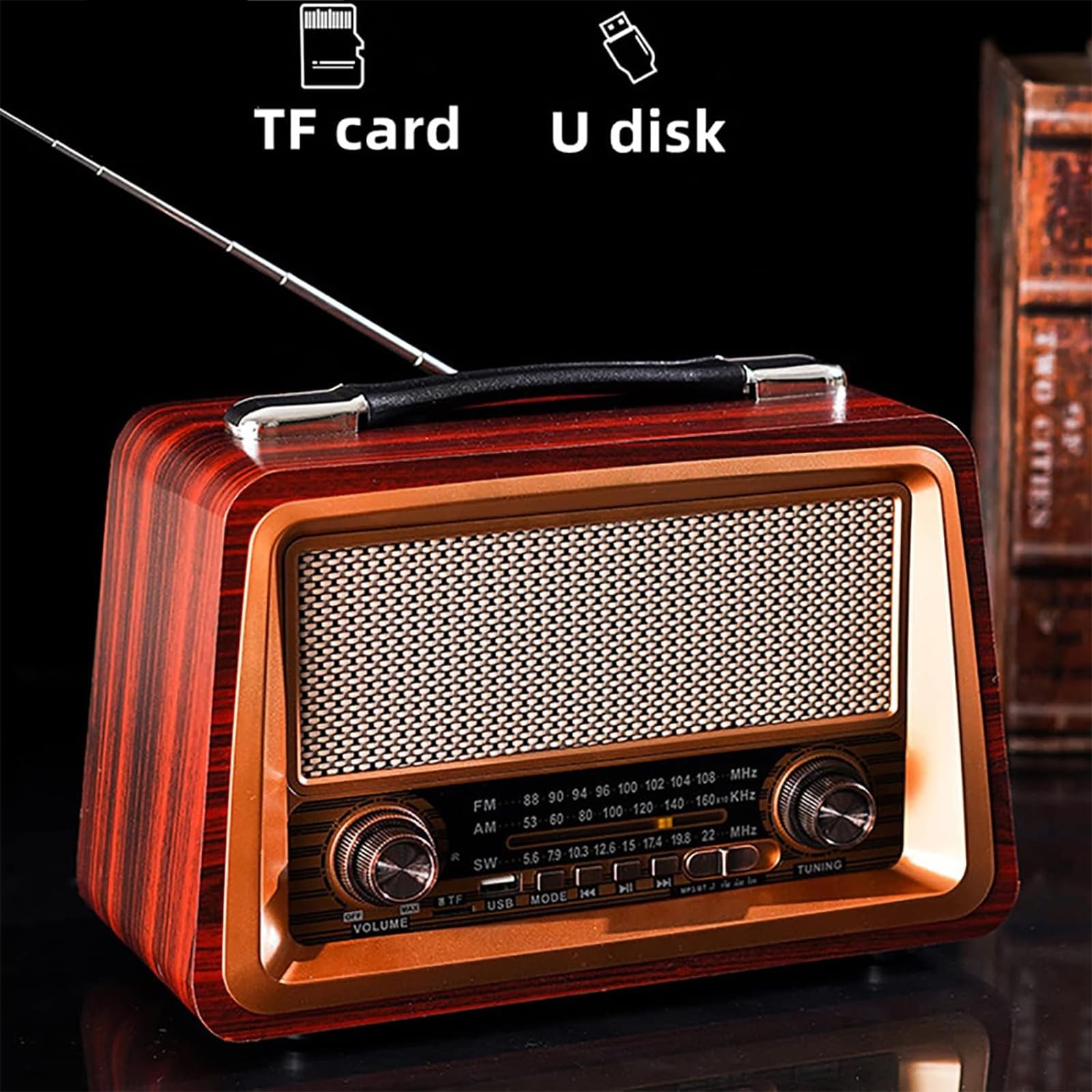 TsoLay Radio Portable, Radio FM AM SW rétro, Lecture de Carte AUX/TF/Disque U, Bouton + Bouton + Levier, Fonctionne sur Batterie Rechargeable, extérieur en Bois Fait à la Main, pour la Maison