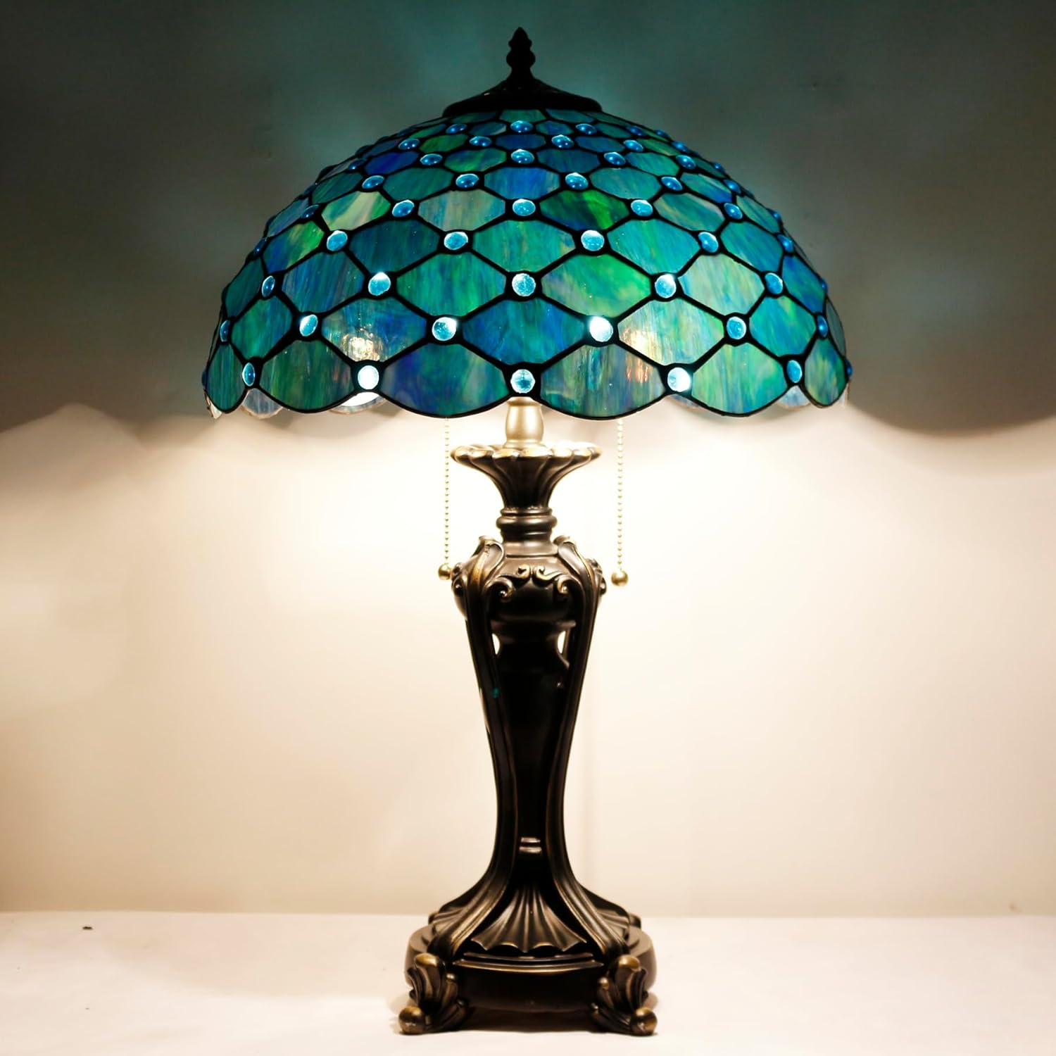 Tiffany Lamp(2 Lights) Stained Glass Table Lamp Bedside Desk Reading Light 16X16X24 Inch Decor Bedroom Living Room Home Office (Blue Pearl)