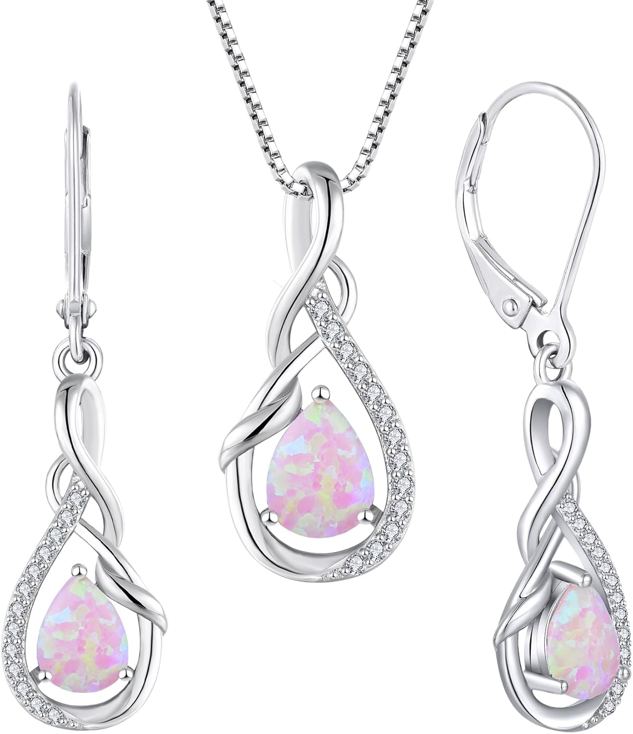 STARCHENIE Dangle & Drop Earrings Infinity Twisted Pendant Necklace 925 Sterling Created Pink Opal Jewelry Set for Women