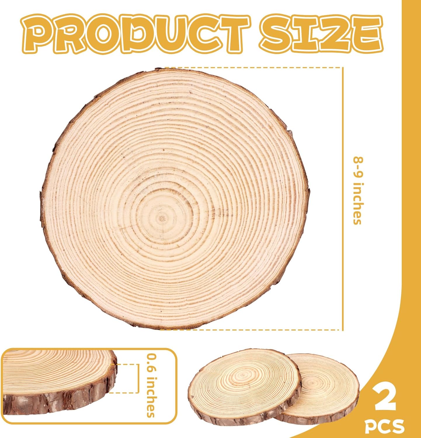 FSWCCK 2 Pack Nature Unfinished Round Wood Slices, 8-9 Inches Wooden Circle, Large Wood Slabs for Weddings Centerpieces Decor and DIY Painting Crafts (8"-9")