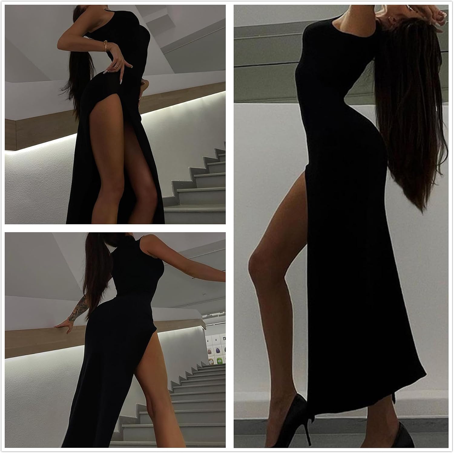Women’s Mock Neck High Split Maxi Dress Bodycon Sleeveless Evening Cocktail Party Long Dress