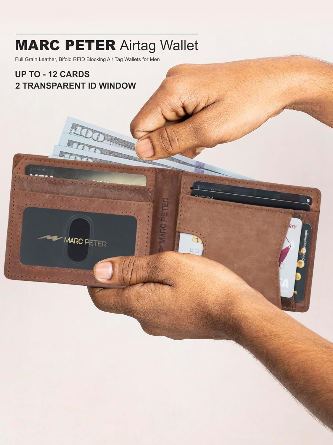 Marc Peter Airtag Wallet – Minimalist Front Pocket RFID Blocking Mens Wallet Full Grain Leather, Bifold AirTag Holder with 2 ID Window up to 14 Cards and Gift Box Crazy Horse Camel - Image 9