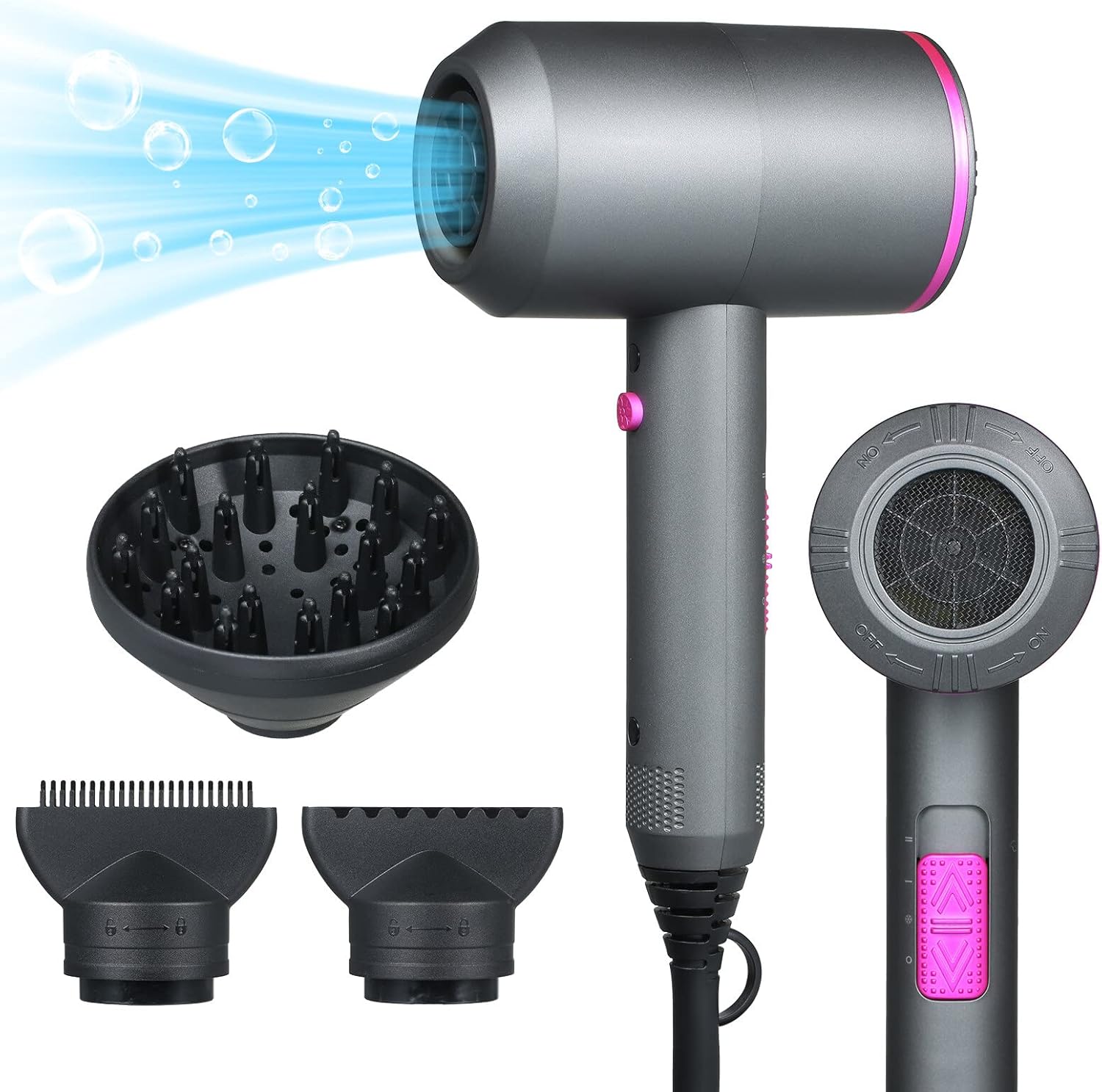 Cankypu Föhn met Ionic Tech Sneldrogend 3 Nozzles Diffusers 3 Heat Settings & 2 Speed Hot/Cold Wind Blow Dryer Portable Hair Styling Tools voor thuissalon reizen