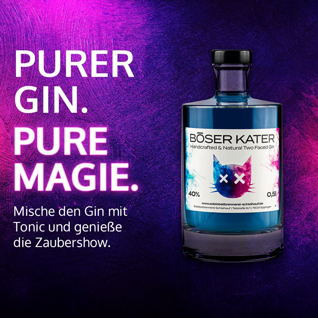 BÖSER KATER Magic Two Faced Gin | Farbwechsel-Effekt von Blau zu Violett durch Tonic Water | Das perfekte Geschenk in hochwertiger Geschenkbox | Handgemacht & perfektionierter Geschmack 0,5l 40% Vol.