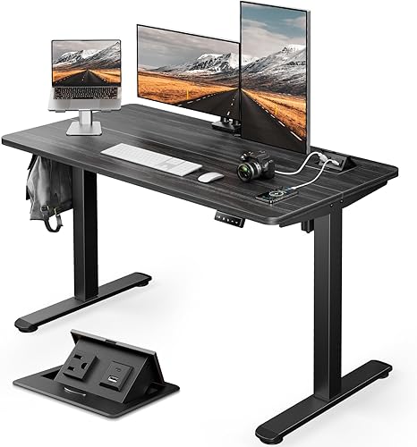 ErGear Escritorio eléctrico de pie de altura ajustable, escritorio de 48 x 24 pulgadas con toma de corriente de CA y CC oculta, bandeja de enchufes,