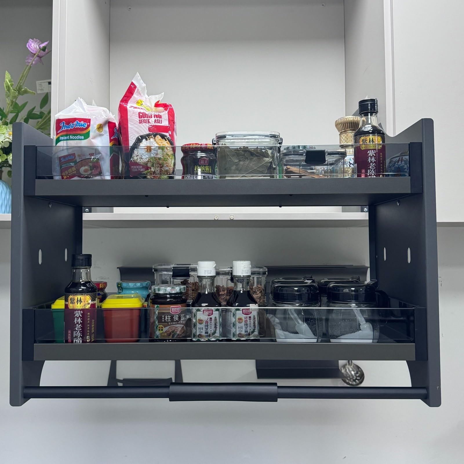 Ausziehbarer Schrank-Organizer, 2-stöckiges Metall-Küchenregal, verstellbares Hängeregal für obere Schränke, platzsparendes Gewürzregal für Küche, Speisekammer, Organisation (600)