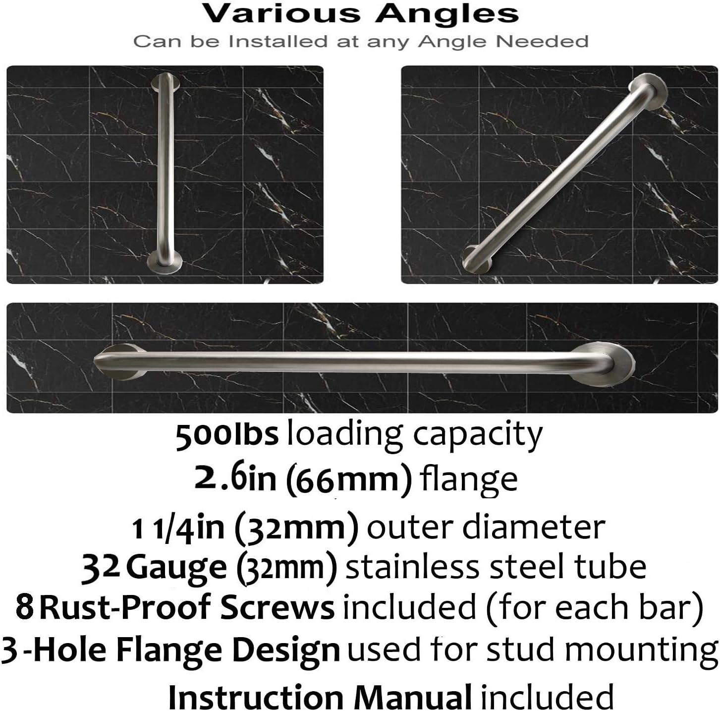 Brushed Nickel Shower Grab Bar 16 Inch - 1 1/4" Diameter, iMomwee 2 Pack Stainless Steel Safety Assist Handle, Wall Mounted Bathroom Mobility Aid Balance Support Hand Rail for Handicap Elderly Senior