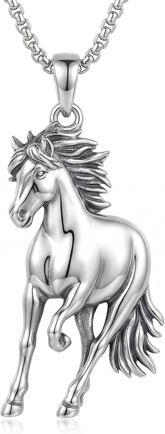 Horse Necklace for Men 925 Sterling Silver Wild Stallion Pendant Jewelry for Husband Son, w/Stainless Steel Chain 22'' + 2''